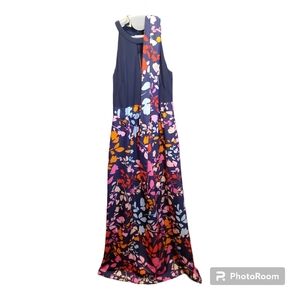 Vince Camuto Colorful Navy Pink Orange Halter w/ Keyhole Maxi Dress w/ Sash sz 2